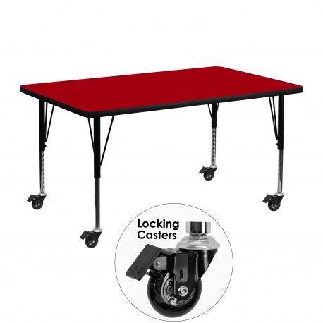 Mobile 24''W x 48''L Rectangular Activity Table with Red Thermal Fused Laminate Top and Height Adjustable Pre-School Legs