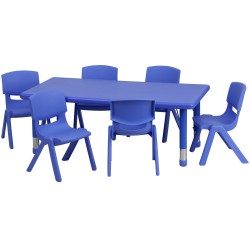 24''W x 48''L Adjustable Rectangular Blue Plastic Activity Table Set with 6 School Stack Chairs