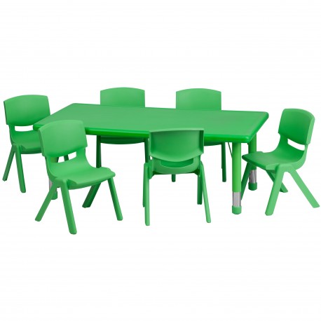 24''W x 48''L Adjustable Rectangular Green Plastic Activity Table Set with 6 School Stack Chairs