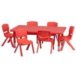 24''W x 48''L Adjustable Rectangular Red Plastic Activity Table Set with 6 School Stack Chairs