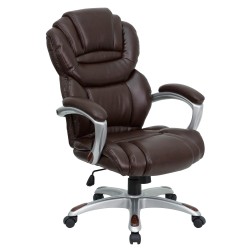 High Back Brown Leather Executive Office Chair with Leather Padded Loop Arms