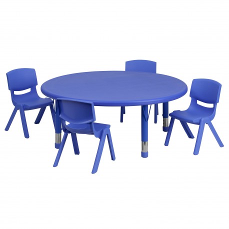 45'' Round Adjustable Blue Plastic Activity Table Set with 4 School Stack Chairs