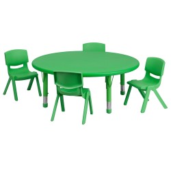45'' Round Adjustable Green Plastic Activity Table Set with 4 School Stack Chairs