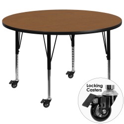 Mobile 42'' Round Activity Table with Oak Thermal Fused Laminate Top and Height Adjustable Pre-School Legs
