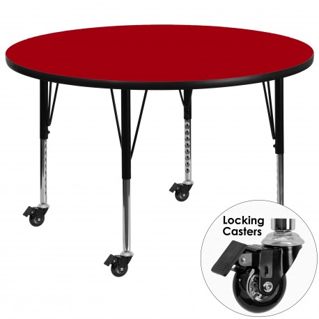 Mobile 42'' Round Activity Table with Red Thermal Fused Laminate Top and Height Adjustable Pre-School Legs