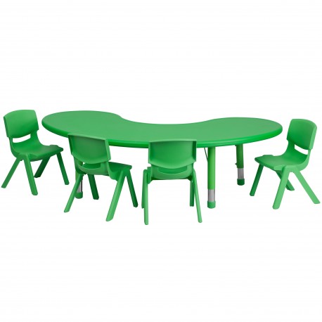 35''W x 65''L Adjustable Half-Moon Green Plastic Activity Table Set with 4 School Stack Chairs