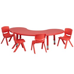 35''W x 65''L Adjustable Half-Moon Red Plastic Activity Table Set with 4 School Stack Chairs