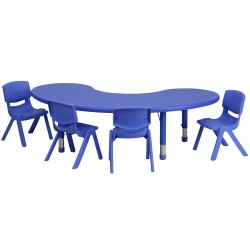 35''W x 65''L Adjustable Half-Moon Blue Plastic Activity Table Set with 4 School Stack Chairs