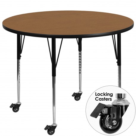 Mobile 48'' Round Activity Table with Oak Thermal Fused Laminate Top and Standard Height Adjustable Legs