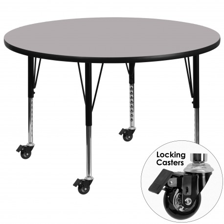 Mobile 48'' Round Activity Table with Grey Thermal Fused Laminate Top and Height Adjustable Pre-School Legs