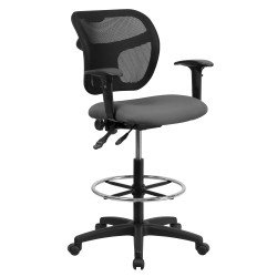 Mid-Back Mesh Drafting Stool with Gray Fabric Seat and Arms