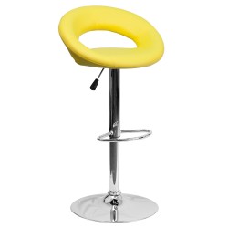 Contemporary Yellow Vinyl Rounded Back Adjustable Height Bar Stool with Chrome Base