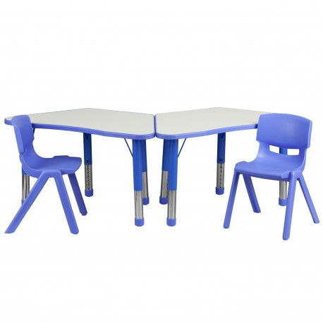 Blue Trapezoid Plastic Activity Table Configuration with 2 School Stack Chairs
