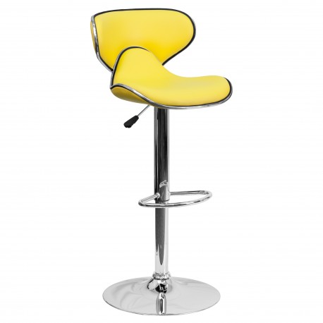 Contemporary Cozy Mid-Back Yellow Vinyl Adjustable Height Bar Stool with Chrome Base