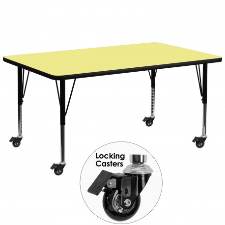 Mobile 30''W x 72''L Rectangular Activity Table with Yellow Thermal Fused Laminate Top and Height Adjustable Pre-School Legs