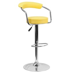 Contemporary Yellow Vinyl Adjustable Height Bar Stool with Arms and Chrome Base
