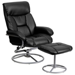 Contemporary Black Leather Recliner and Ottoman with Metal Base