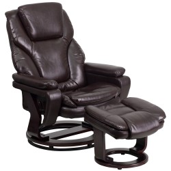 Contemporary Brown Leather Recliner and Ottoman with Swiveling Mahogany Wood Base