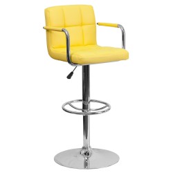 Contemporary Yellow Quilted Vinyl Adjustable Height Bar Stool with Arms and Chrome Base