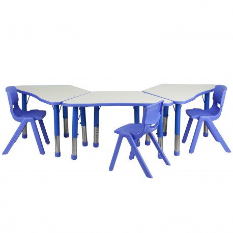 Blue Trapezoid Plastic Activity Table Configuration with 3 School Stack Chairs