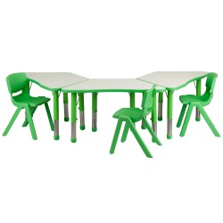 Green Trapezoid Plastic Activity Table Configuration with 3 School Stack Chairs
