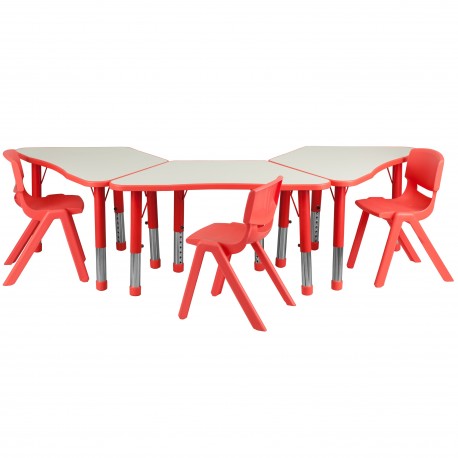 Red Trapezoid Plastic Activity Table Configuration with 3 School Stack Chairs