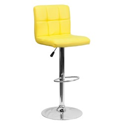 Contemporary Yellow Quilted Vinyl Adjustable Height Bar Stool with Chrome Base
