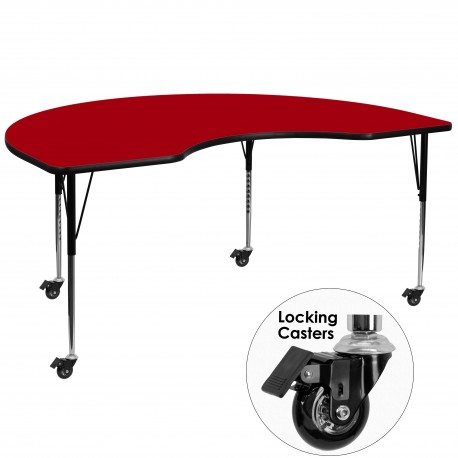 Mobile 48''W x 72''L Kidney Shaped Activity Table with Red Thermal Fused Laminate Top and Standard Height Adjustable Legs