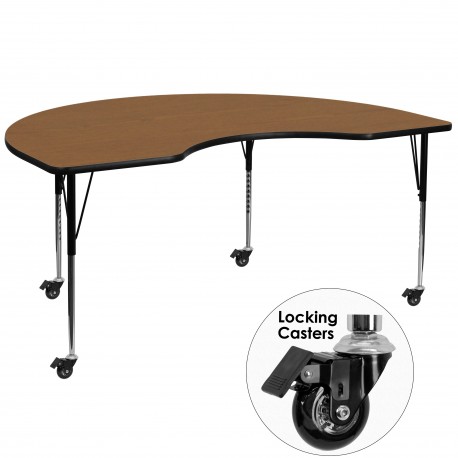 Mobile 48''W x 72''L Kidney Shaped Activity Table with Oak Thermal Fused Laminate Top and Standard Height Adjustable Legs