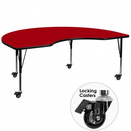 Mobile 48''W x 72''L Kidney Shaped Activity Table with Red Thermal Fused Laminate Top and Height Adjustable Pre-School Legs