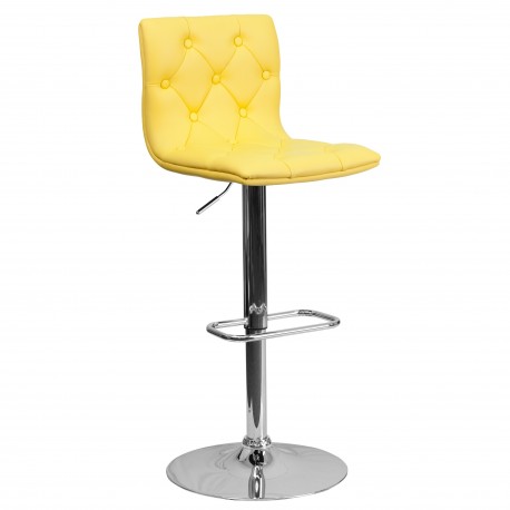 Contemporary Tufted Yellow Vinyl Adjustable Height Bar Stool with Chrome Base