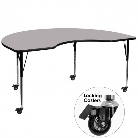 Mobile 48''W x 96''L Kidney Shaped Activity Table with Grey Thermal Fused Laminate Top and Standard Height Adjustable Legs
