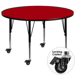 Mobile 60'' Round Activity Table with Red Thermal Fused Laminate Top and Height Adjustable Pre-School Legs