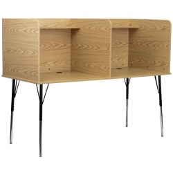 Double Wide Study Carrel with Adjustable Legs and Top Shelf in Oak Finish