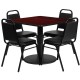 36'' Square Mahogany Laminate Table Set with 4 Black Trapezoidal Back Banquet Chairs