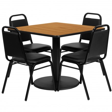 36'' Square Natural Laminate Table Set with 4 Black Trapezoidal Back Banquet Chairs