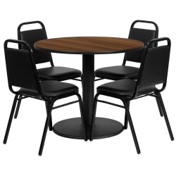 36'' Round Walnut Laminate Table Set with 4 Black Trapezoidal Back Banquet Chairs