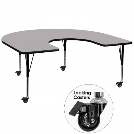 Mobile 60''W x 66''L Horseshoe Activity Table with Grey Thermal Fused Laminate Top and Height Adjustable Pre-School Legs