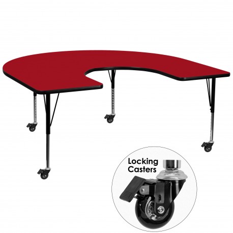 Mobile 60''W x 66''L Horseshoe Activity Table with Red Thermal Fused Laminate Top and Height Adjustable Pre-School Legs