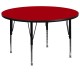 60'' Round Activity Table with Red Thermal Fused Laminate Top and Height Adjustable Pre-School Legs