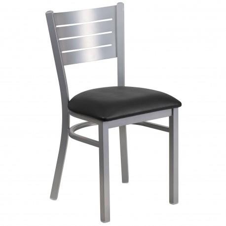 Silver Slat Back Metal Restaurant Chair - Black Vinyl Seat