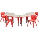 Red Trapezoid Plastic Activity Table Configuration with 4 School Stack Chairs