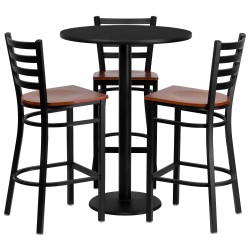 30'' Round Black Laminate Table Set with 3 Ladder Back Metal Bar Stools - Cherry Wood Seat