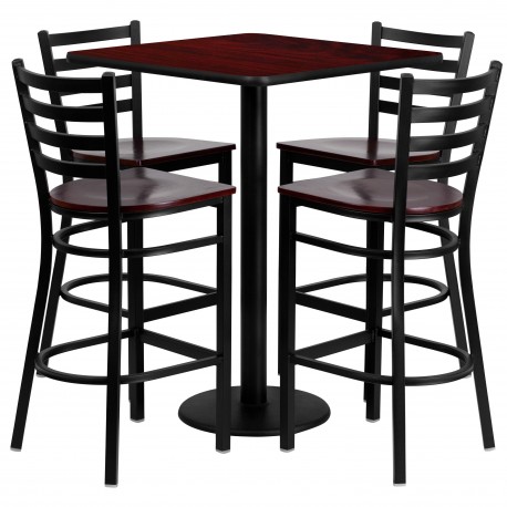 30'' Square Mahogany Laminate Table Set with 4 Ladder Back Metal Bar Stools - Mahogany Wood Seat