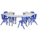 Blue Trapezoid Plastic Activity Table Configuration with 5 School Stack Chairs