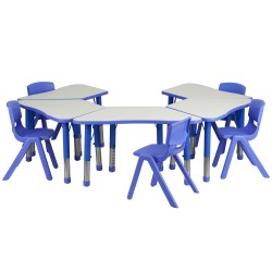 Blue Trapezoid Plastic Activity Table Configuration with 5 School Stack Chairs