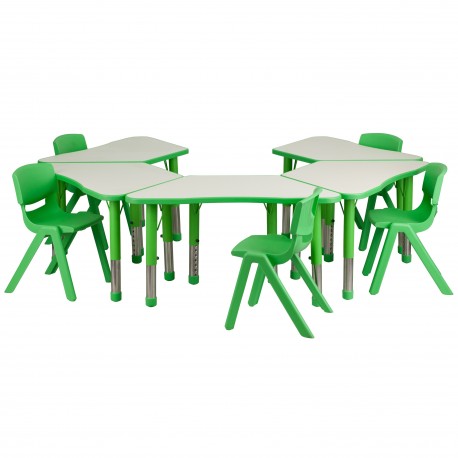 Green Trapezoid Plastic Activity Table Configuration with 5 School Stack Chairs