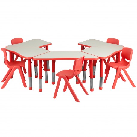 Red Trapezoid Plastic Activity Table Configuration with 5 School Stack Chairs