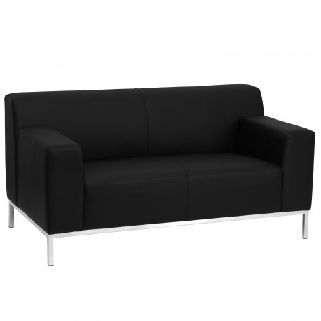 Basal Collection Contemporary Black Leather Love Seat with Stainless Steel Frame