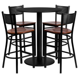36'' Round Black Laminate Table Set with 4 Grid Back Metal Bar Stools - Cherry Wood Seat